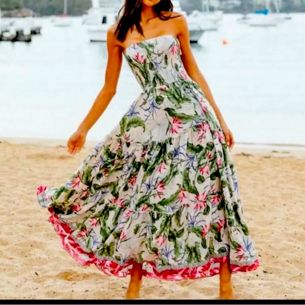 Jaase Strapless Salsa Rosa Floral Print Maxi Dress Boho Size XS